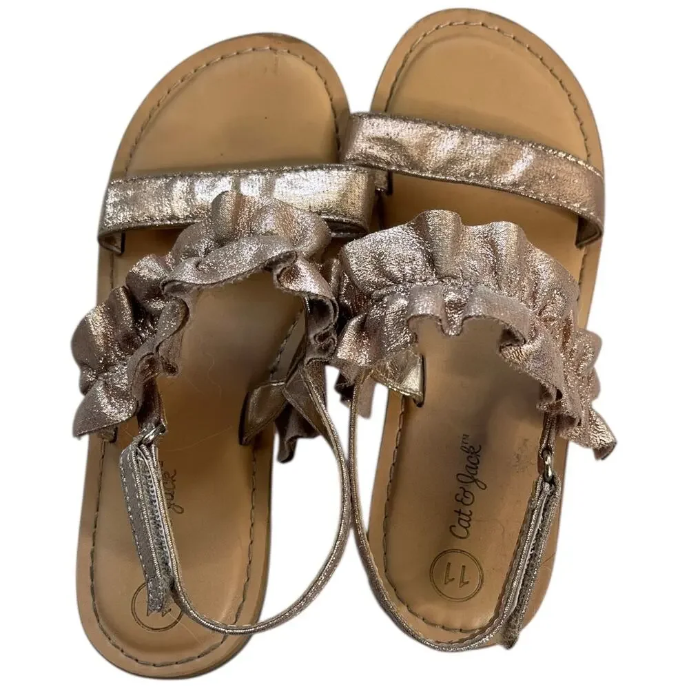 Cat & Jack Gold Ruffle Strap Toddler Girls Sandals Ankle Strap Shoes size 11